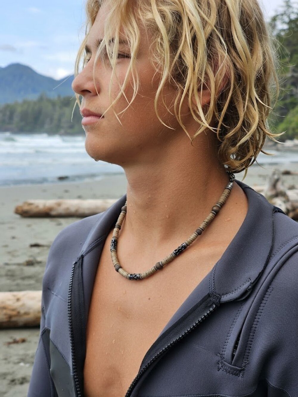 Men's Tribal Surfer Choker Necklace - Natural Coconut Heishi & Carved Wood